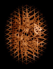 complex ellipse shaped pattern in triangular shades of golden brown and beige connected design isolated on black