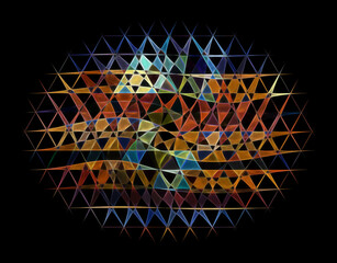 complex ellipse shaped pattern in triangular gold and blue connected design isolated on black