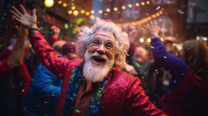 A spirited senior leading a conga line of fellow revelers in a vibrant New Years celebration
