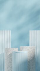 in portrait with blue background, 3d render blank mockup terrazzo podium