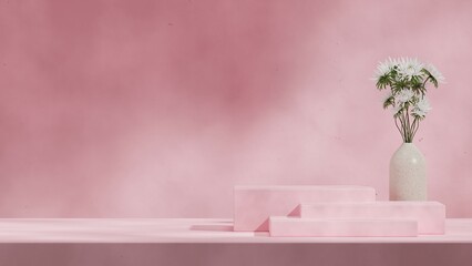 in landscape with white flower, 3d rendering empty scene pink podium