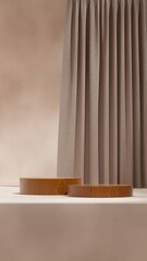 in portrait with curtain, 3d image render blank space wooden podium
