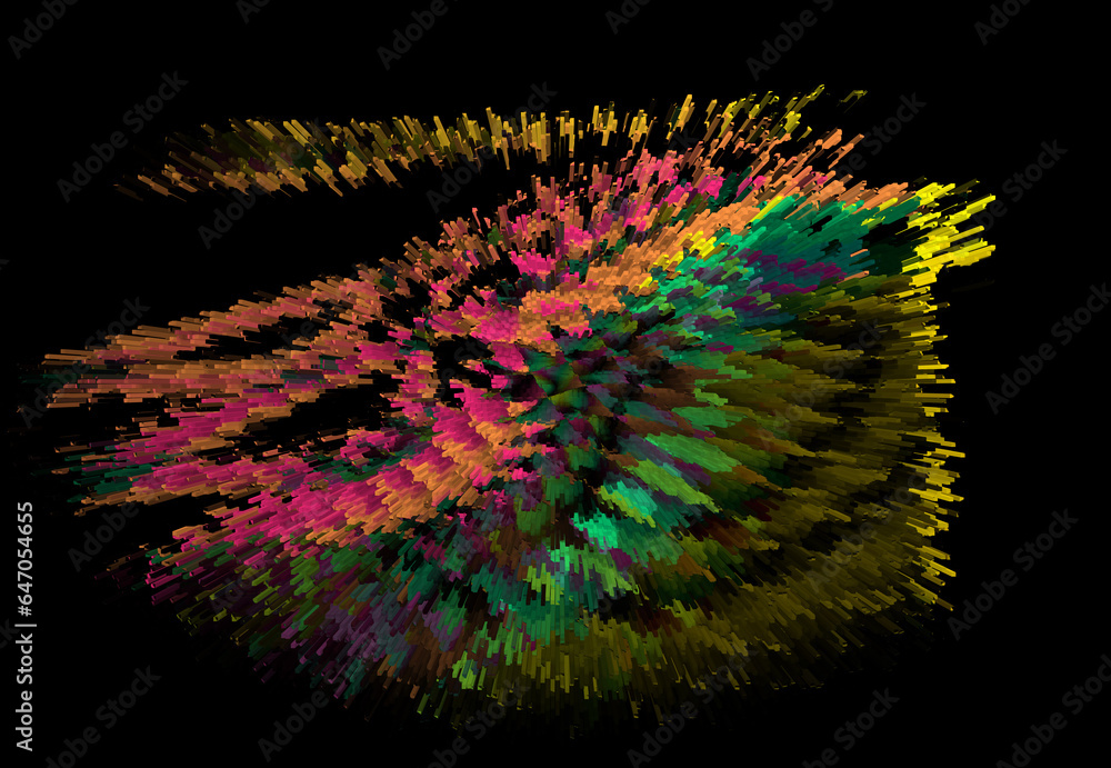 Aufkleber exploding complex shaped pattern in yellow green orange and magenta isolated on black background