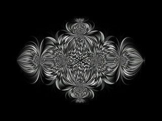 complex lacy fractal design in shades of grey on a black background