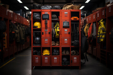 Locker in a fire station, housing firefighting gear and uniforms, Generative AI - obrazy, fototapety, plakaty