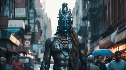 Cinematic portrayal of a man impersonating Lord Shiva, strolling in a majestic manner