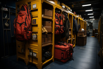 Locker in a fire station, housing firefighting gear and uniforms, Generative AI