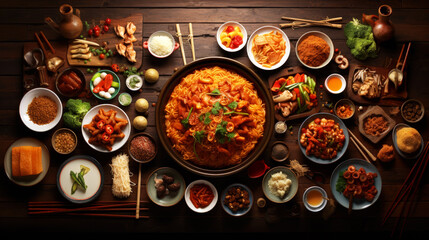 4k chinese food on a wooden tabletop covering all the table. wallpaper, backdrop, food photography, chinese food, asian cuisine, healthy food. 16:9 wide