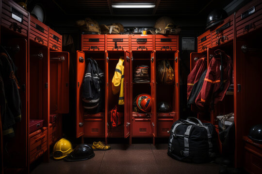Locker in a fire station, housing firefighting gear and uniforms, Generative AI