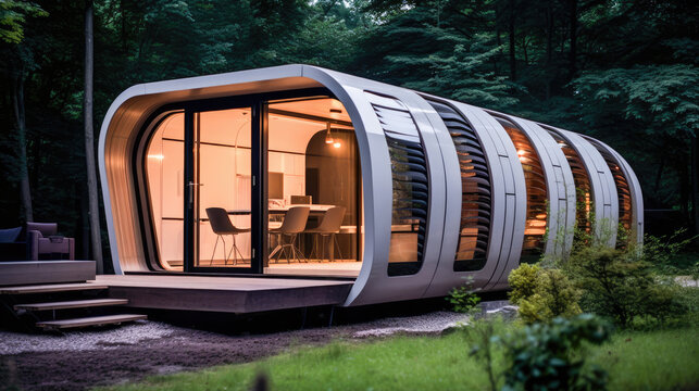 Contemporary prefab cabin surrounded by greenery, featuring minimalist furniture and large windows