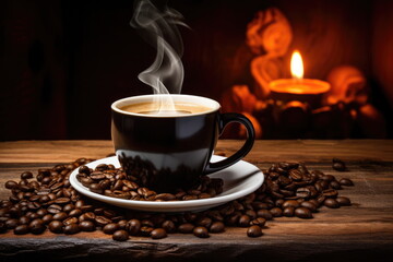 hot coffee with coffee beans on wood table