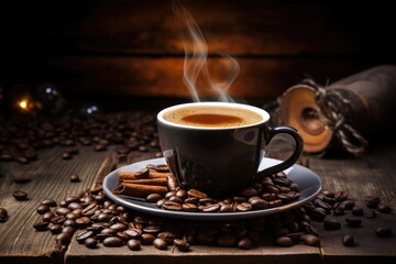 hot coffee with coffee beans on wood table