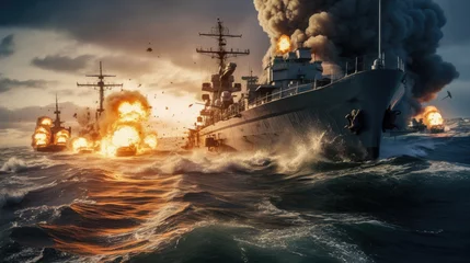 Photo sur Aluminium Naufrage War in the open ocean, marked by battleships, fire, and intense naval operations