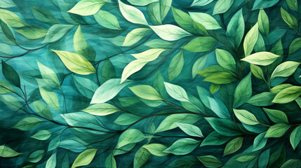 4K green leaves wide wallpaper design, watercolor painted leaves in an abstract pattern on a cloth background. wallpaper backdrop 16:9 aspect ratio. high-resolution wallpaper. leaf, nature, autumn.