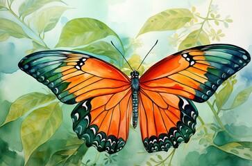Mariposa naranja pintada con acuarela volando sobre hojas verdes