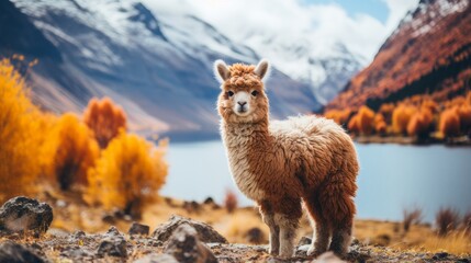 alpaca in the mountains - obrazy, fototapety, plakaty