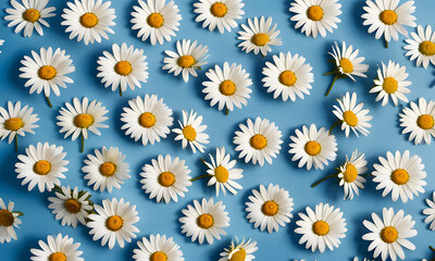 Daisy pattern. Flat lay spring and summer chamomile flowers on a blue background. Repetition concept. Top view. AI generative.