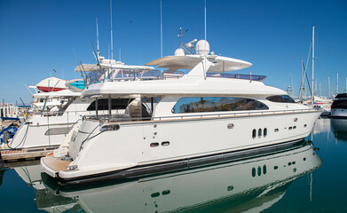 Fototapeta premium Yachts or boats on a sunny morning in a marina in La Paz Baja California Sur. Mexico. With clear blue summer sky