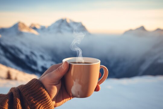 A cup of coffee in a cozy winter morning in the mountains like the Alps
