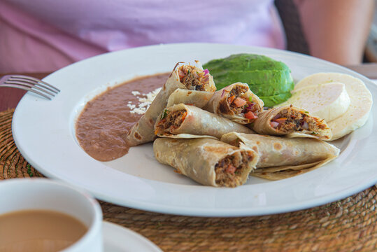 Mexican Food, BURRITOS DE MACHACA with avocado slices and beans with cheese on the side on a white plate, traditional breakfast of the baja