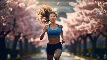 Asian woman running in a cherry blossom park - obrazy, fototapety, plakaty