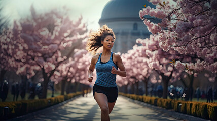 Asian woman running in a cherry blossom park - obrazy, fototapety, plakaty