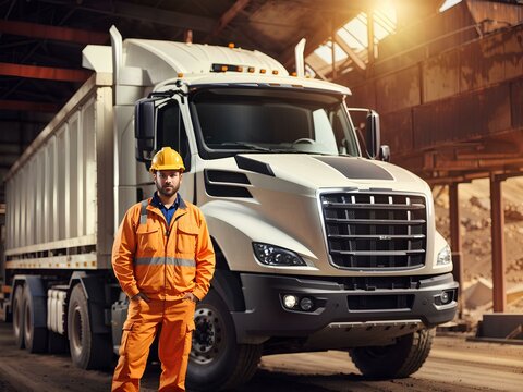 portrait of a truck driver worker in a helmet