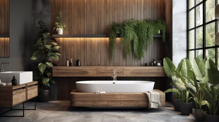 Decorated with wood and greenery, this modern bathroom features a bath tub