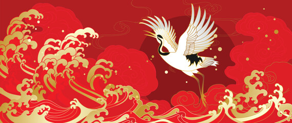Luxury gold oriental style background vector. Chinese and Japanese oriental line art with golden texture. Wallpaper design with ocean wave red sun and Flamingo.