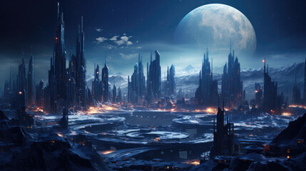 Obraz premium A futuristic super modern city on an alien planet from the future at night