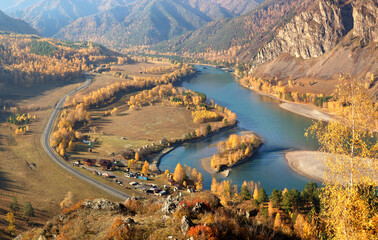 Autumn landscape with mountain river, multicolor view