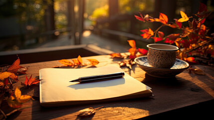 a notebook with pen on wooden table in autumn