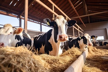 Cows eating hay in a farm.