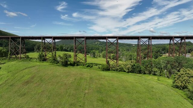 An aerial view of the Moodna Viaduct, a steel railroad trestle in Cornwall, NY on a sunny day. The drone camera dolly in towards and under the rusty elevated tracks.