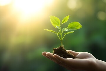 Hand holding young plant on blur green nature background.