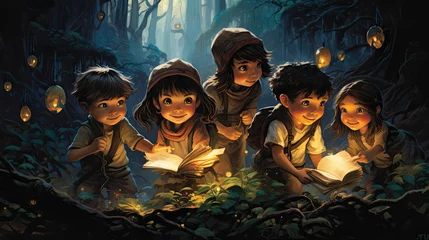 Fototapeten group of children with books in the forest © jr-art