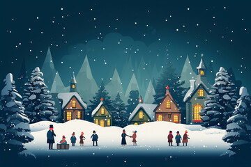 Winter landscape with snow, Christmas trees and houses. Generative ai