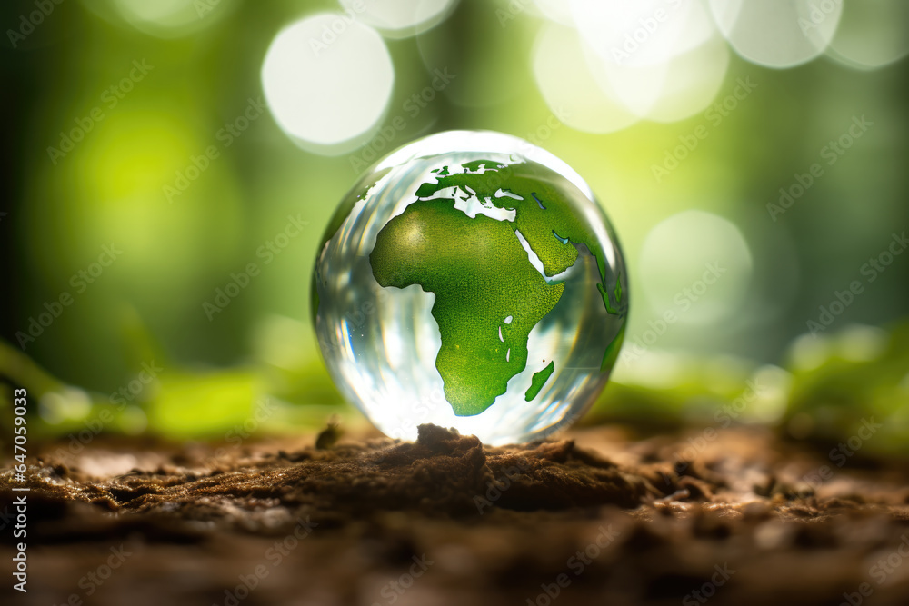 Poster glass globe sitting on top of pile of dirt. this image can be used to represent concepts such as gro