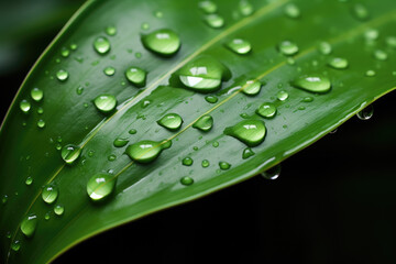 Close-up shot of green leaf with water droplets. This image captures natural beauty and freshness of leaf after rain shower. Perfect for nature-themed projects or as refreshing visual element.