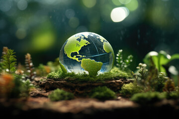 Obraz na płótnie Canvas Glass globe sitting on top of lush green field. This image can be used to depict concepts such as environmental preservation, global connections, or travel destinations.