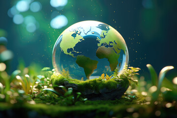 Fototapeta na wymiar Glass globe is placed on vibrant, green field. This image can be used to depict concepts of nature, environment, conservation, or global connectivity.