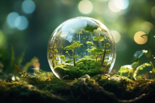 Glass ball filled with green plants and moss. Perfect for adding touch of nature to any space.