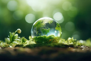 Poster Glass globe is sitting on top of vibrant and lush green field. This image can be used to represent concepts such as sustainability, global perspective, and environmental awareness. © vefimov