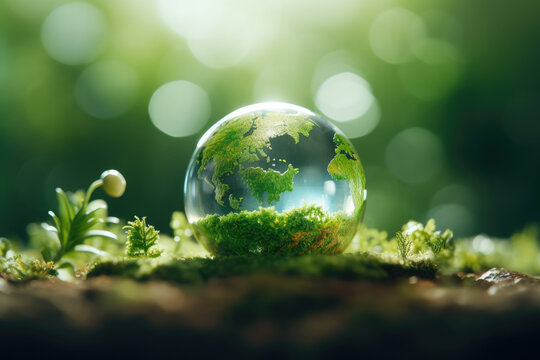 Glass globe is sitting on top of vibrant and lush green field. This image can be used to represent concepts such as sustainability, global perspective, and environmental awareness.