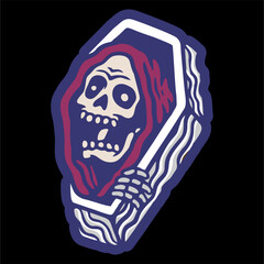 vector illustration of skeleton skull grim reaper at coffin. 