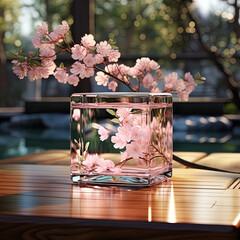 The glass is surrounded by cherry trees, generative ai
