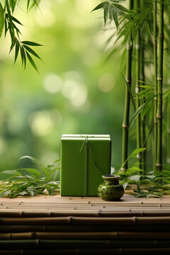 Gift box in the bamboo forest, generative ai
