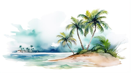 Fototapeta na wymiar Holiday summer travel vacation illustration - Watercolor painting of palms, palm tree on teh beach with ocean sea