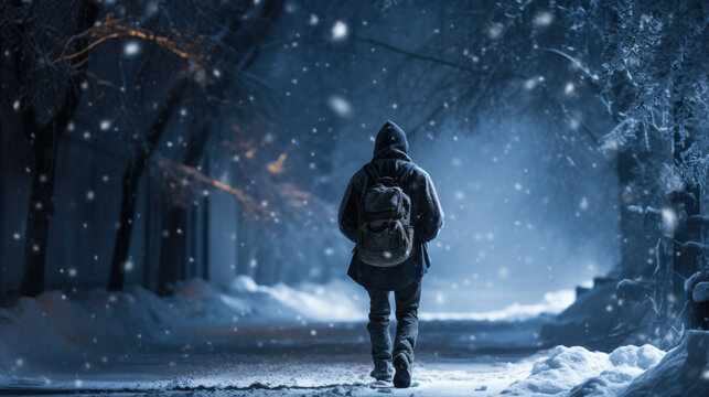 A man walks along a street at night in winter