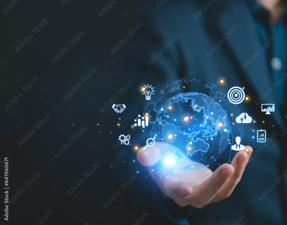 Poster touch global and icon. the application connects to the internet online. big data digital link techno